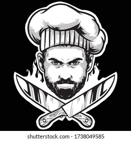 chef head with knifes and chef hat vector design