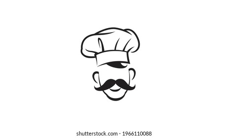 Chef Head Moustache Hat Cartoon Lines Drawing Logo Vector Design Illustration