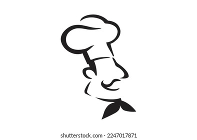 Chef Head Moustache Hat Cartoon Lines Drawing Logo Vector Design Illustration