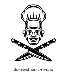 Chef head with mustache and two crossed knives vector graphic object or design element in vintage monochrome style isolated on white background