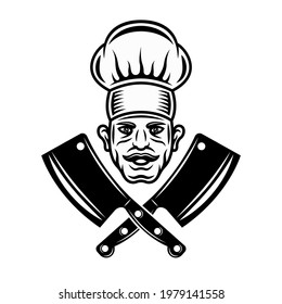 Chef head and two crossed butchery cleavers vector graphic object or design element in vintage monochrome style isolated on white background