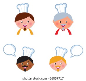 Chef heads set isolated on white. Vector cartoon Illustration.