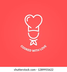 Chef with heart logo. Cooked with love concept on red background