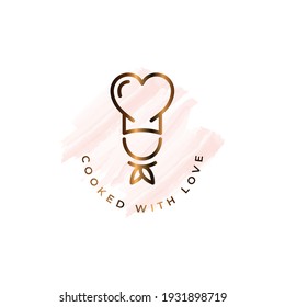 Chef with heart watercolor logo. Cooked with love concept on white background