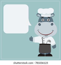 Chef hippo with speech bubble in cartoon style. Smiling cook says and shows like.