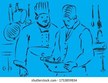 Chef and his help Discuss Their Recipes and Using Tablet Computer. While Working in a Kitchen. Vector line illustration on blue background.
