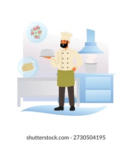 Chef in his kitchen. Man in chef's uniform and hat holds ready-made dish on tray. Ready meals and equipment on background