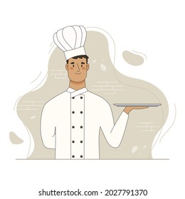 Chef Hold Empty Serving Tray For Food. Vector Flat Cartoon Illustration