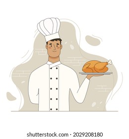 Chef Hold Empty Serving Tray Serving Tray With Baked Chicken. Vector Flat Cartoon Illustration