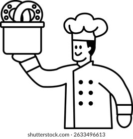 A chef is holding a basket of doughnuts. The chef is smiling and he is happy