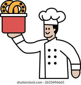 A chef is holding a basket of doughnuts and smiling. Concept of happiness and enjoyment of food