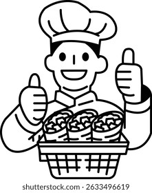 A chef is holding a basket of food and giving thumbs up. The image conveys a positive and happy mood, suggesting that the food is delicious and well-prepared