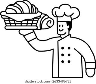 Um chef está segurando uma cesta de comida e sorrindo. Conceito de calor e hospitalidade, como o chef está pronto para servir seus clientes