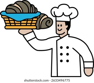 A chef is holding a basket of food and smiling. The basket contains a variety of food items, including a roll and a piece of bread. The chef's expression suggests that he is happy
