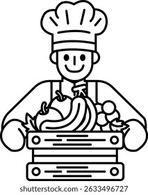 A chef is holding a basket of fruits and vegetables. He is smiling and he is happy