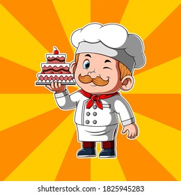 El chef que sostiene la hermosa tarta con cereza en la parte superior
