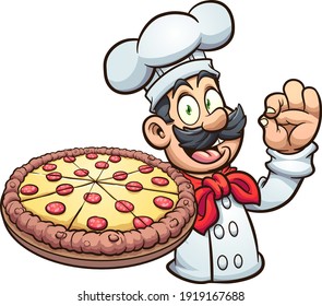 Chef holding a big pepperoni pizza cartoon. Vector clip art illustration. All on a single layer. 
