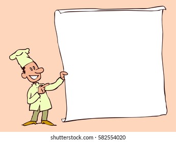 Chef holding blank paper to arrange any kind of information, from the menu to a notice