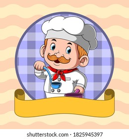 The chef holding the blue spoon soup with the blank yellow banner
