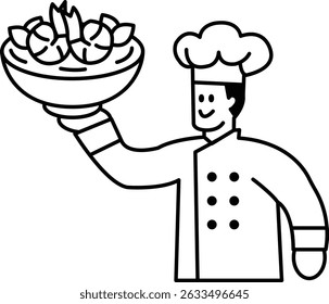 Um chef está segurando uma tigela de comida e sorrindo. Conceito de calor e hospitalidade, como o chef está pronto para servir seus clientes
