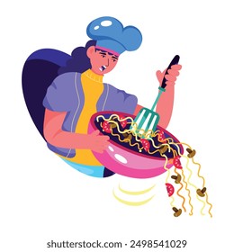 Chef holding bowl with spilling food, flat illustration