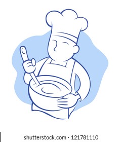 Chef holding a bowl and whisking in simple blue line art, vector illustration