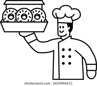 A chef is holding a box of donuts, with three donuts visible in the box. The chef is wearing a white coat and a chef hat, and is smiling as he holds the box. The donuts appear to be freshly made
