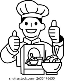 Um chef está segurando uma caixa de comida e dando polegares. A caixa é rotulada "Comida para o Pensamento". O chef está sorrindo e está feliz com a comida. A caixa contém uma variedade de