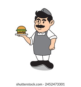 Chef holding burger mascot vector the Concept of Isolated Technology. Flat Cartoon Style Suitable for Landing Web Pages,T shirt, Flyers, Stickers