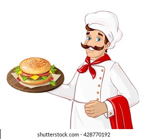 Chef holding burger on a tray. Isolated character on white background. Man serving in a restaurant, cafe.