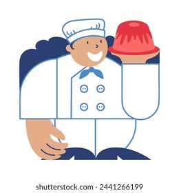 Chef is holding cake. Confectioner cooking. Culinary. Cake baker. Chef cooking food. Simple geometric sketch vektor illustration