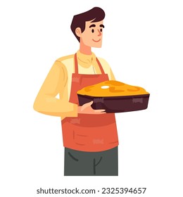 Chef sujetando el pastel, sonriendo en el ícono de la cocina aislado