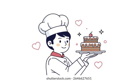 Chef segurando bolo ilustração vetor para pastelaria menu padaria design