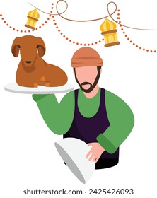Chef Holding Cloche and Exposing Sheep Concept, symbolizing preparation of halal meat Vector Design, Eid al-Adha or Eid-ul-Kabir Symbol, Muslims religious Festival  stock illustration