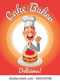Chef holding delicious cake with red cherry. Colorful vector banner illustration. 