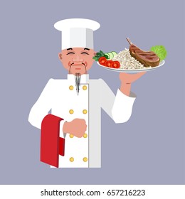 Chef holding dish of rice and meat