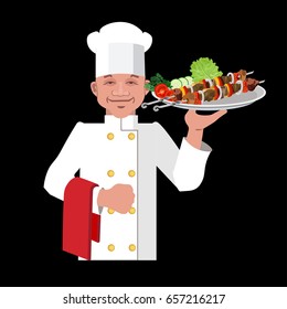Chef holding dish with a shish kebab. Vector illustration