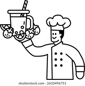 A chef is holding a drink with a straw and a straw in a cup. The chef is smiling