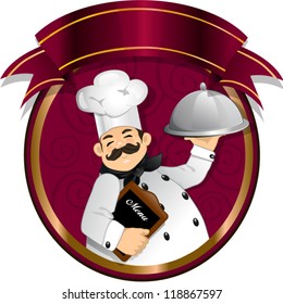 Chef holding a food inside of a circle with banner