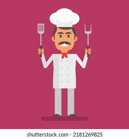Chef holding fork and spatula and smiling. Flat people. Vector Illustration