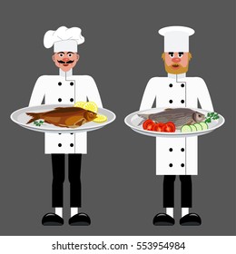 Chef holding fried fish on the plate. Vector illustration