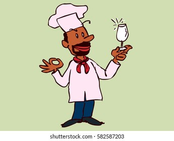 Chef holding a glass up while examining her in a rigorous and professional manner
