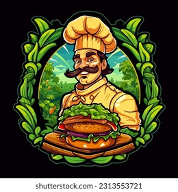 Chef Holding hamburger. Classic American street food. Cartoon vector illustration. isolated background, label, sticker