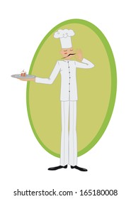 chef holding in hand dish with a cake