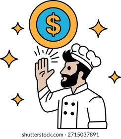 Ein Koch hält die Hand hoch und ein Dollarzeichen liegt in der Luft. Der Koch lächelt und feiert etwas