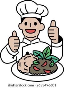 A chef is holding up his thumbs to give a thumbs up to a plate of food. The plate is full of food, including a piece of broccoli. The chef is wearing a white hat and apron