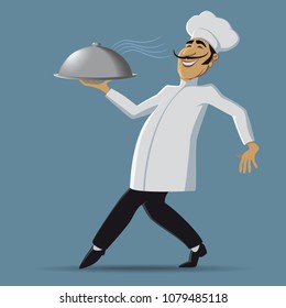 The chef holding a hot dish on the blue background