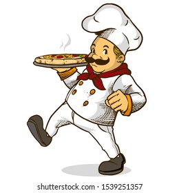 Chef Holding Hot Pizza Vector Cartoon Illustration