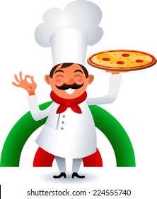 Chef holding italian original Pizza vector cartoon illustration