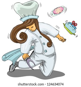 chef holding knife and cakes isolated on white